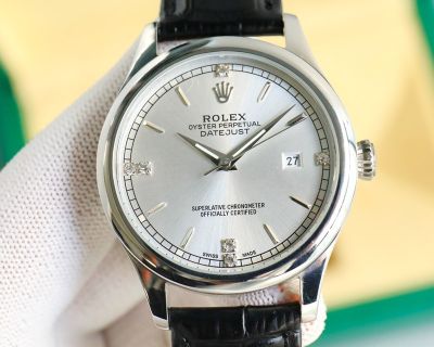 Rolex Datejust 8215 Movement 40mm 316L Steel Italian Leather Strap Silver Bezel Watch